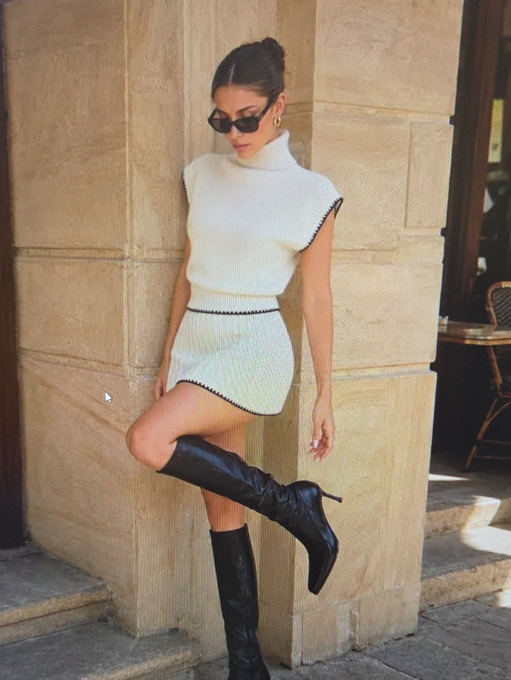 Cream Knit Mini Skirt Set with Contrast Trim